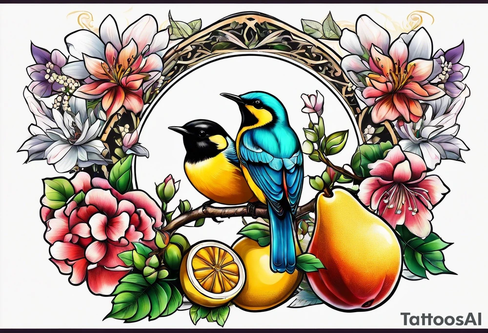 Birds, bees, fruit tattoo idea