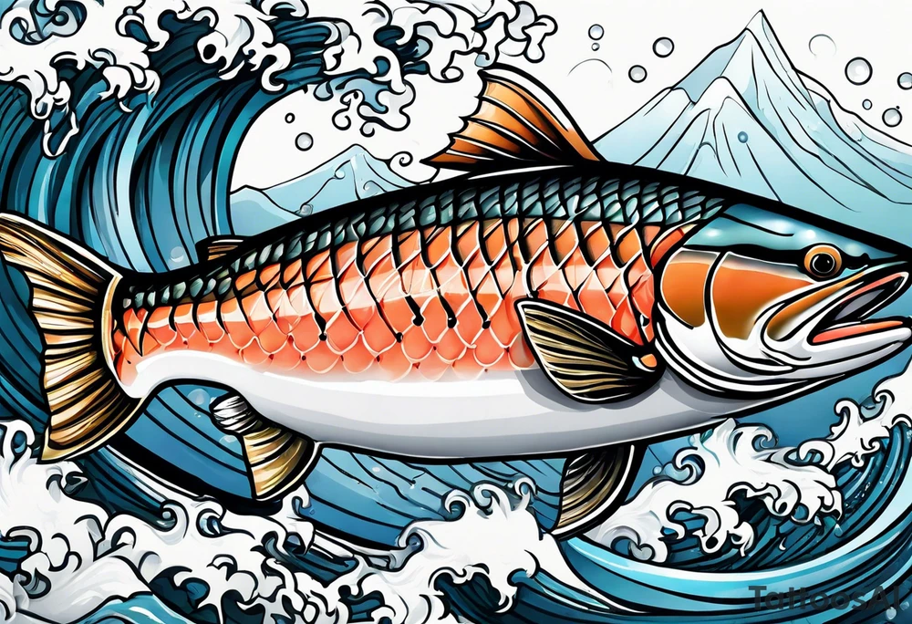 salmon fish designed with mountains and rivers within the body of the salmon tattoo idea