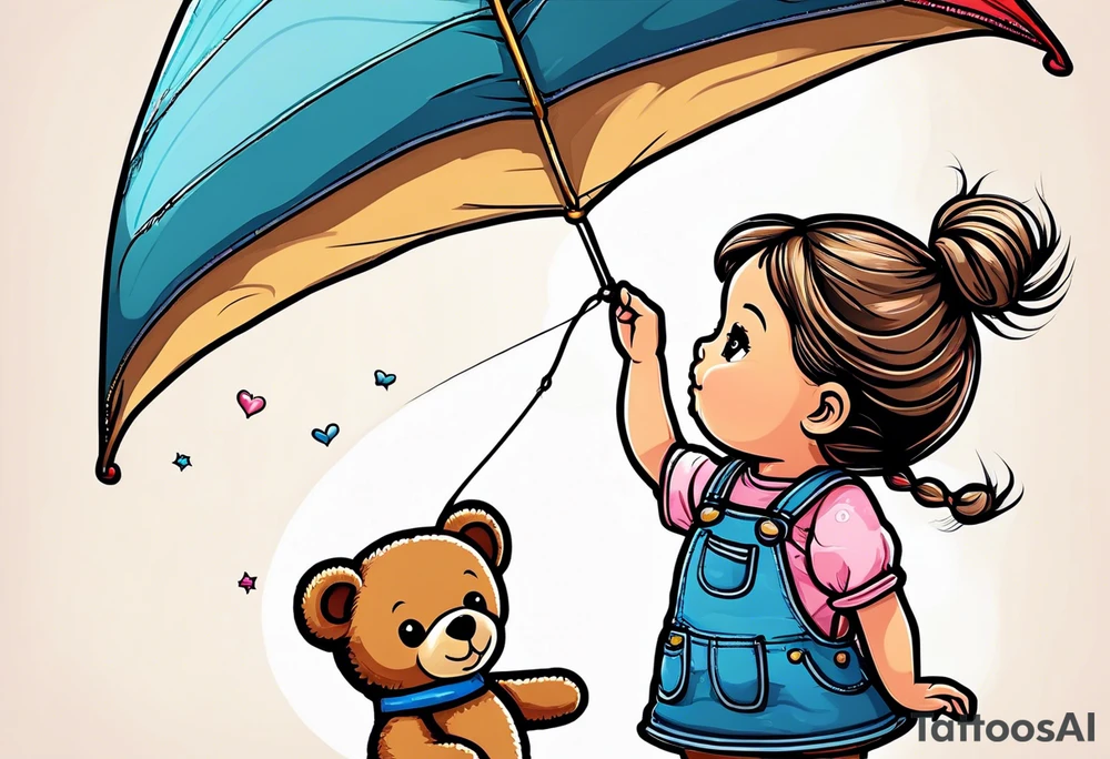 back image of a little girl in a dress, flying a kite, a teddy bear in overalls, standing beside her tattoo idea