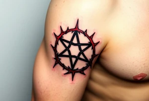 A pentagram surrounded by thorns, with deep reds and blacks, representing occult power and mystery tattoo idea