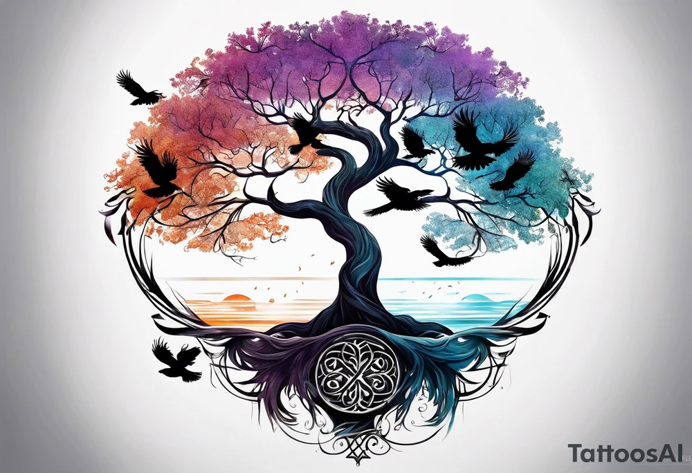 Tree of life with water, ravens, tattoo idea