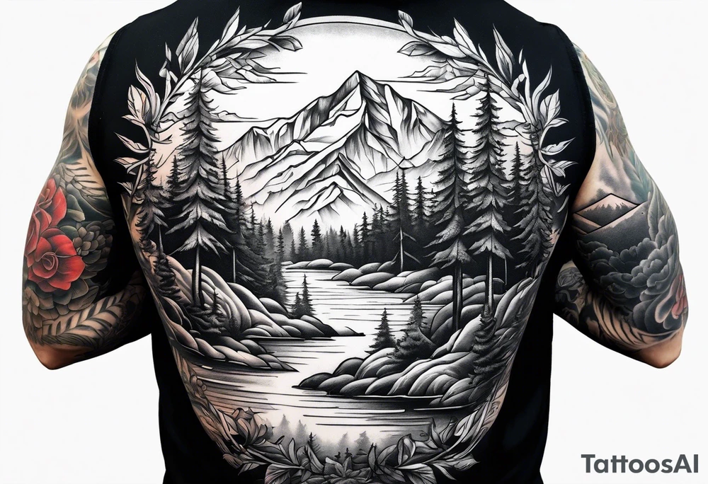 sleeve with trees, mountains and snow skier tattoo idea