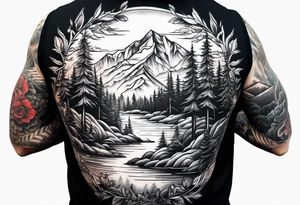 sleeve with trees, mountains and snow skier tattoo idea