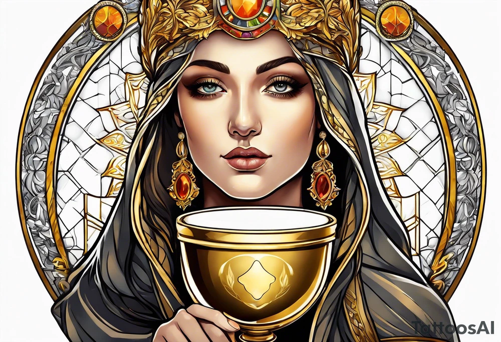 woman saint holding chalice surrounded by golden halo sideways tattoo idea
