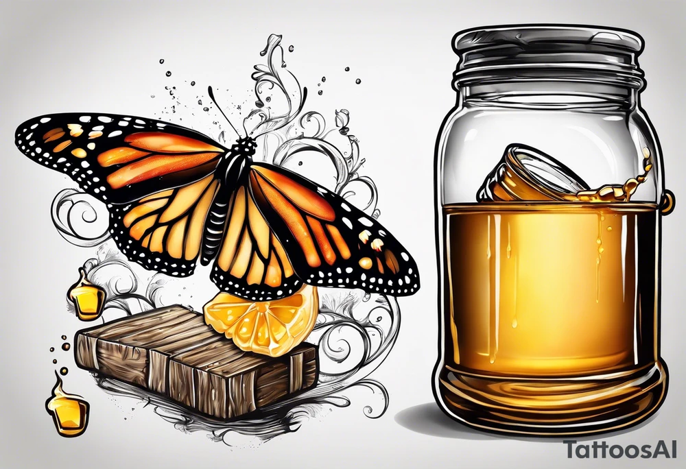 Monarch butterfly with a glass jar of honey with honey spilling over tattoo idea