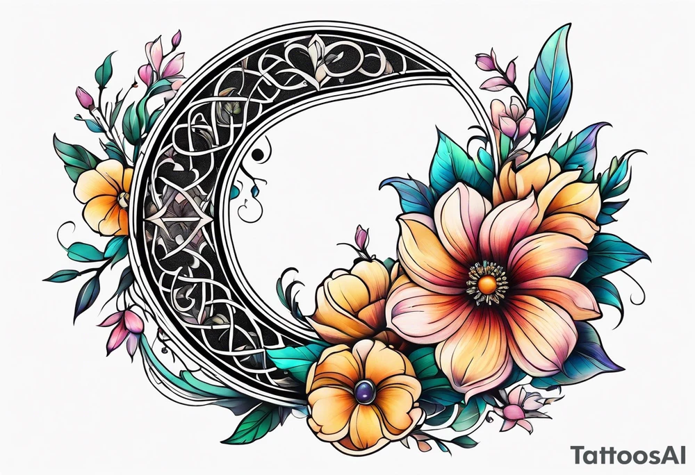 Flowers laid in shape of crescent moon tattoo idea