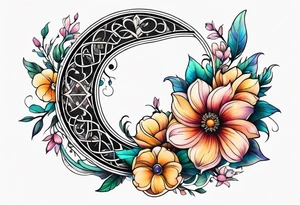 Flowers laid in shape of crescent moon tattoo idea