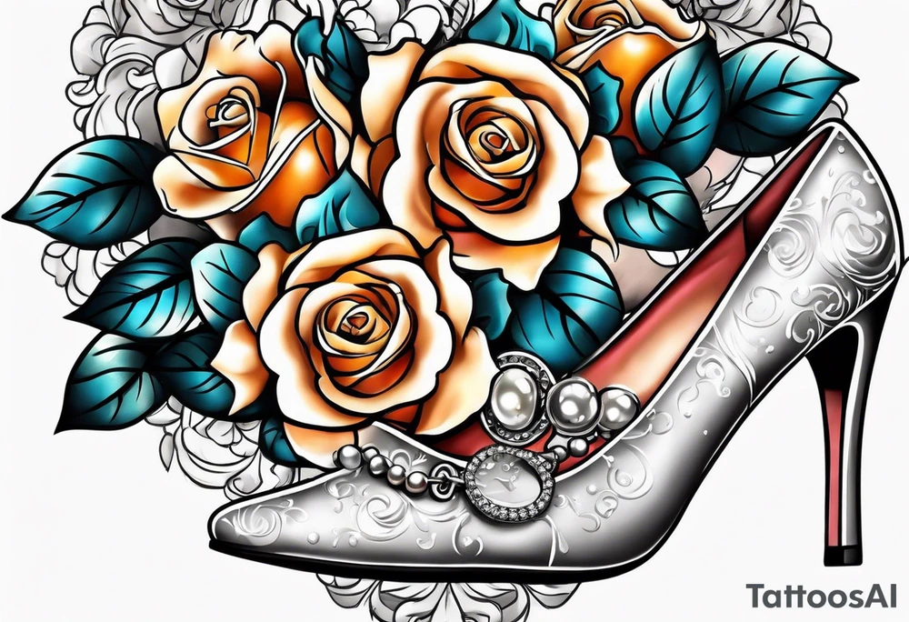 Pearl necklace wrapped around 1950s pinup pumps with roses surrounding tattoo idea