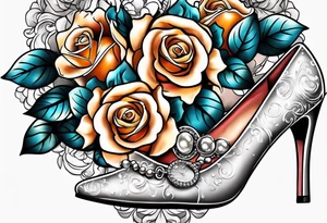 Pearl necklace wrapped around 1950s pinup pumps with roses surrounding tattoo idea