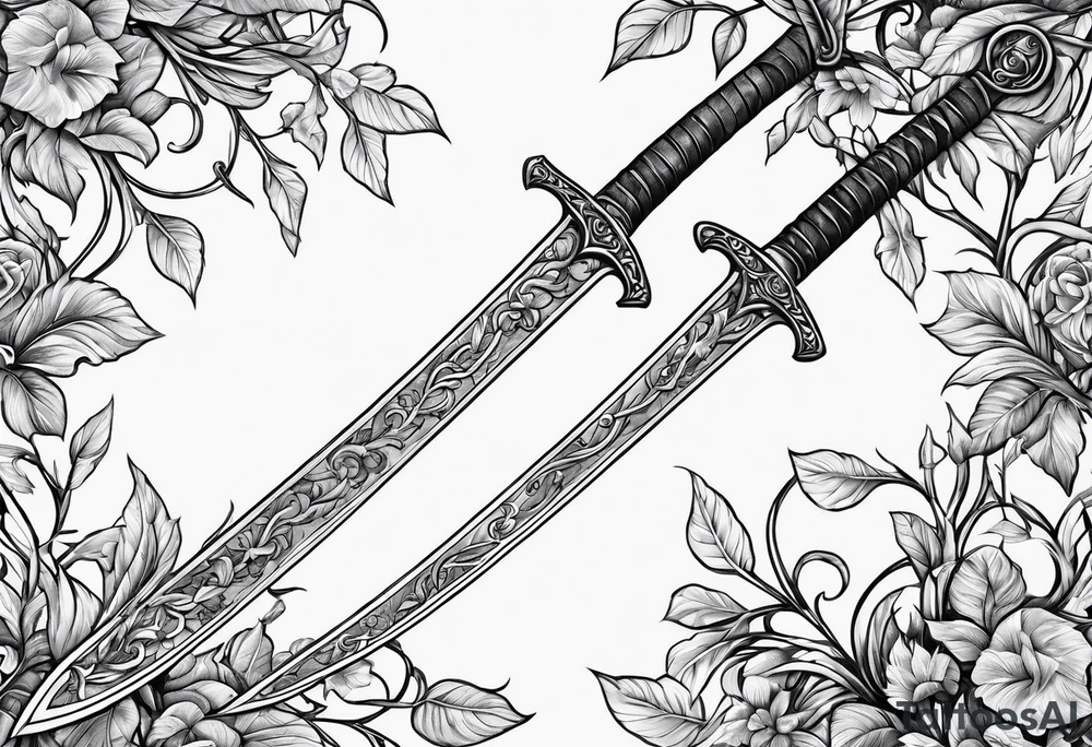 Leafy vines with sword tattoo idea