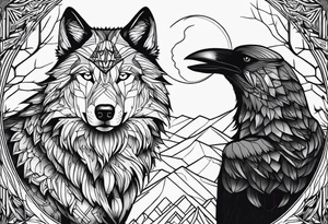 Powerful majestic Wolf, a crow talking to the Wolf, Woods and thorns in the Background, moonshine tattoo idea