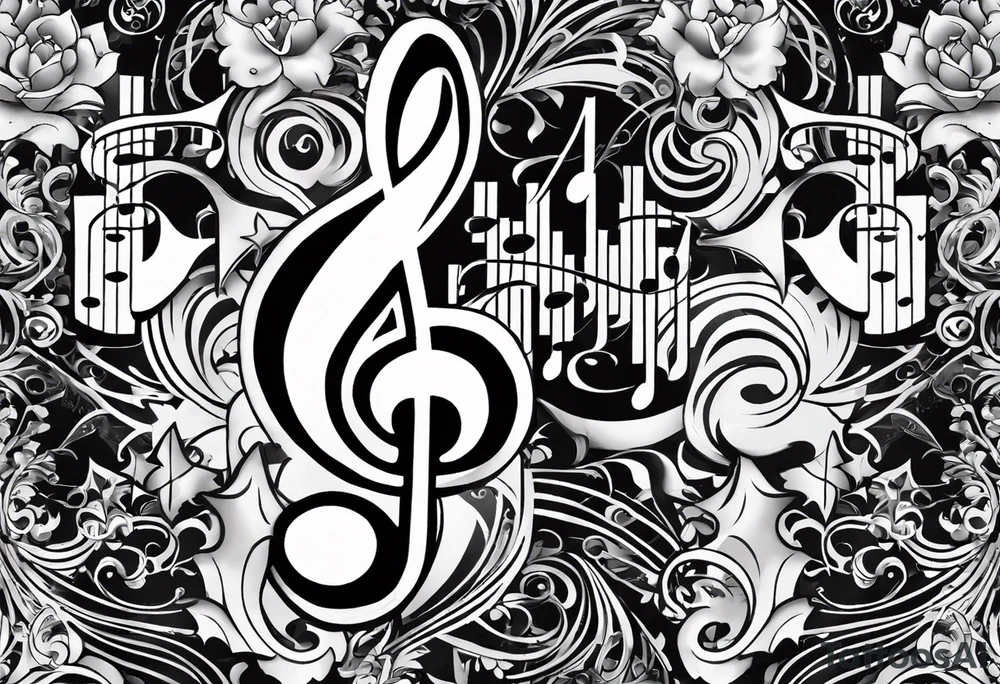 Armband tattoo, combining:
music notes, this text: タランチュラ, digits.
Add detailed patterns and air-like effects tattoo idea