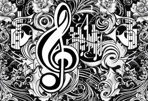 Armband tattoo, combining:
music notes, this text: タランチュラ, digits.
Add detailed patterns and air-like effects tattoo idea