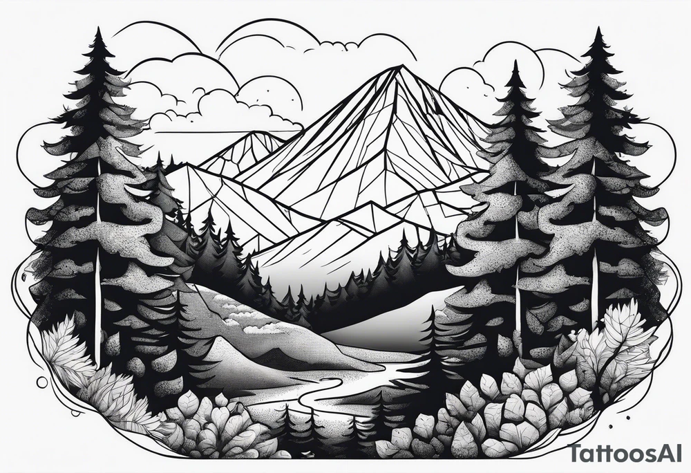 forest along the edges where there are fires below and in the distance with full trees tattoo idea