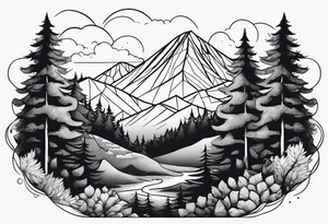 forest along the edges where there are fires below and in the distance with full trees tattoo idea