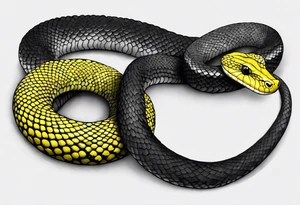 Black and grey realistic yellow blotched pit viper snake with rainforest background on forearm. I want the snake to look aggressive with mouth open showing fangs tattoo idea