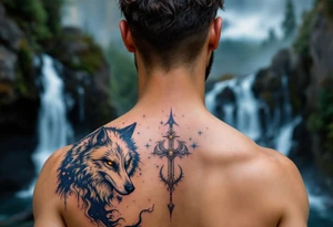 A mystical wolf-headed Aquarius guardian, standing by a cosmic waterfall, symbolizing Aquarius’ deep intuition and free spirit. tattoo idea