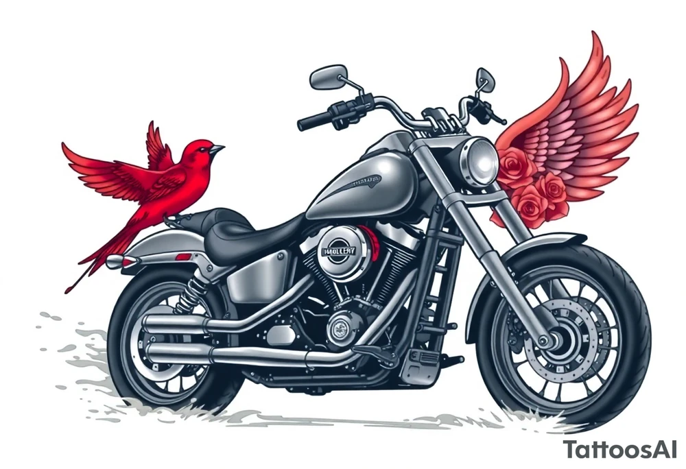 Harley grey motorcycle driving away, two red birds flying, roses, flames, angel wings tattoo idea