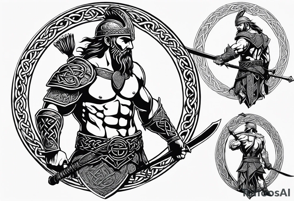 Side facing full body shot of Celtic warrior with weapon unsheathed. tattoo idea