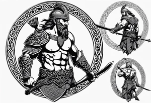 Side facing full body shot of Celtic warrior with weapon unsheathed. tattoo idea