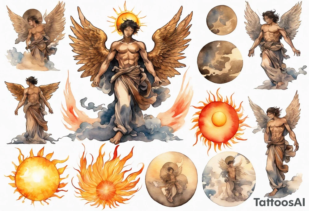 a bronze skinned male angel in front of a blazing sun tattoo idea