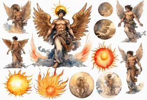 a bronze skinned male angel in front of a blazing sun tattoo idea
