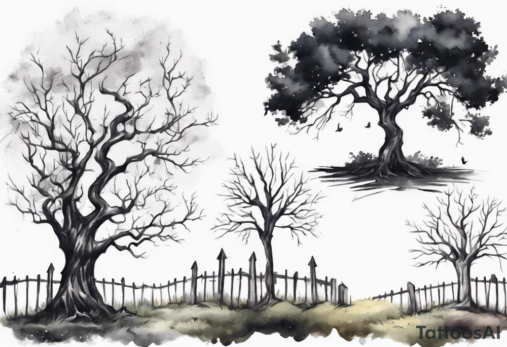 A black tree and a white tree intertwining branches in a field with a fence and headstones tattoo idea