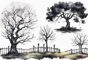 A black tree and a white tree intertwining branches in a field with a fence and headstones tattoo idea