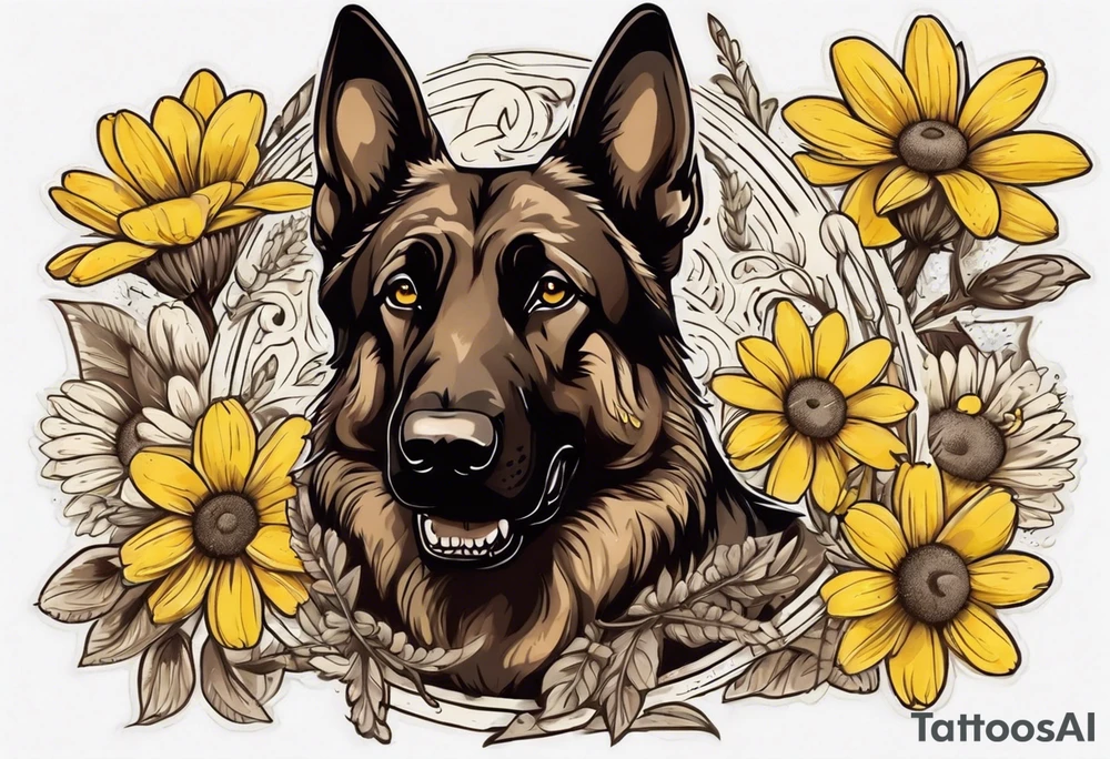 Dark Brown German shepherd portrait surrounded by yellow daisies tattoo idea