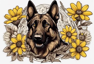 Dark Brown German shepherd portrait surrounded by yellow daisies tattoo idea