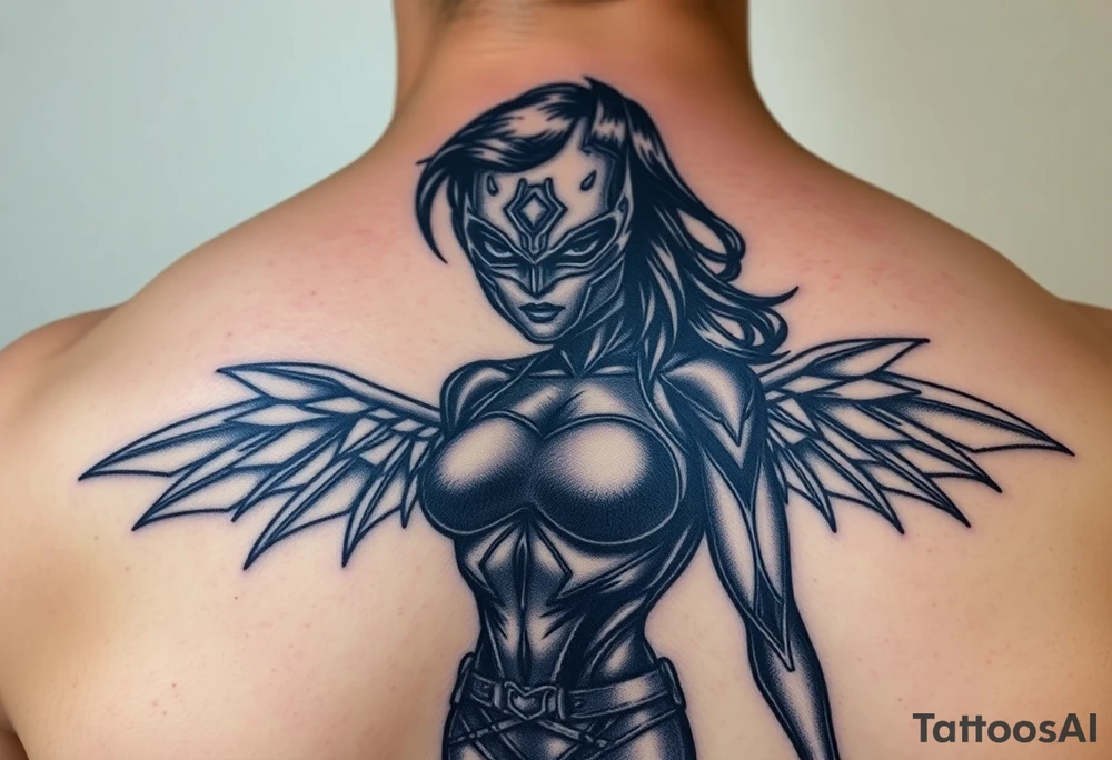 Create a comic book cover for a black female superhero named aquaRaven tattoo idea