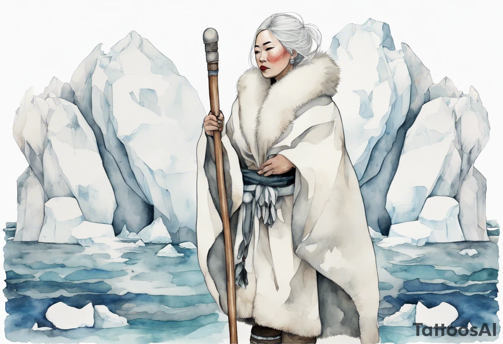 an Inuit woman with white hair, wearing mittens, wearing a white cloak, holding a white staff, wearing mukluks, standing on an iceberg in the sea tattoo idea