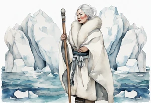 an Inuit woman with white hair, wearing mittens, wearing a white cloak, holding a white staff, wearing mukluks, standing on an iceberg in the sea tattoo idea