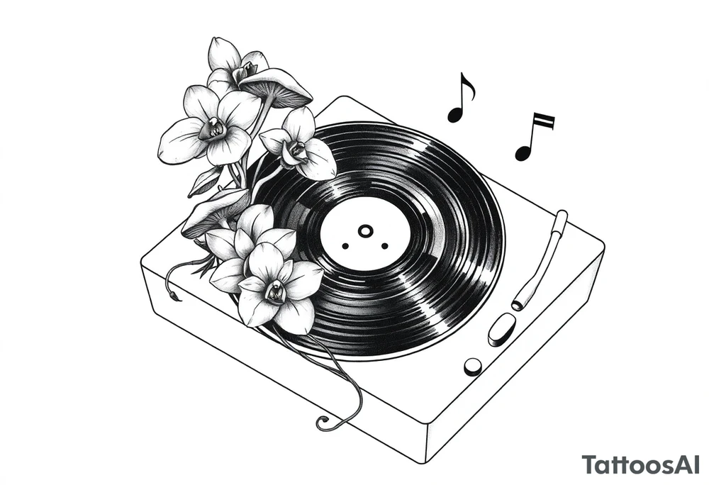 vinyl record player with mushrooms, orchids, and music notes around it tattoo idea