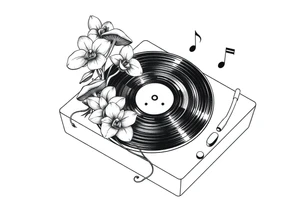 vinyl record player with mushrooms, orchids, and music notes around it tattoo idea