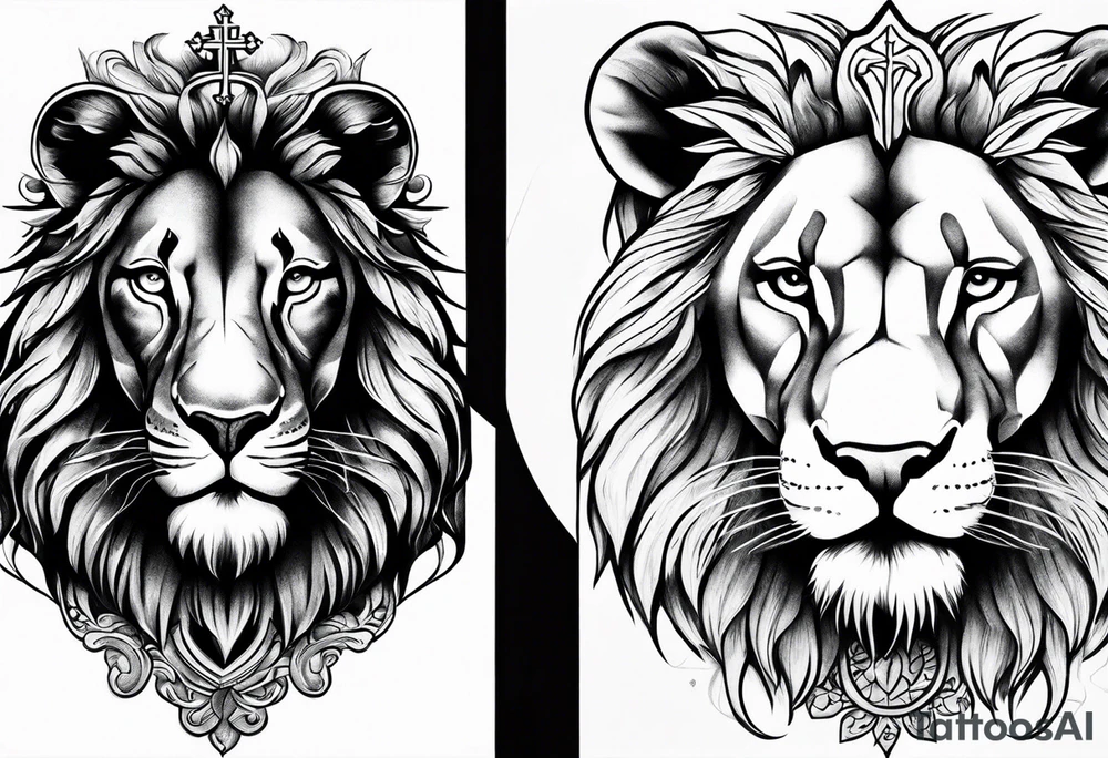 Lion and a lamb with a cross arm sleeve tattoo idea
