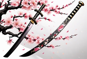 Katana vertical with cherry blossoms and shadow kanji tattoo idea