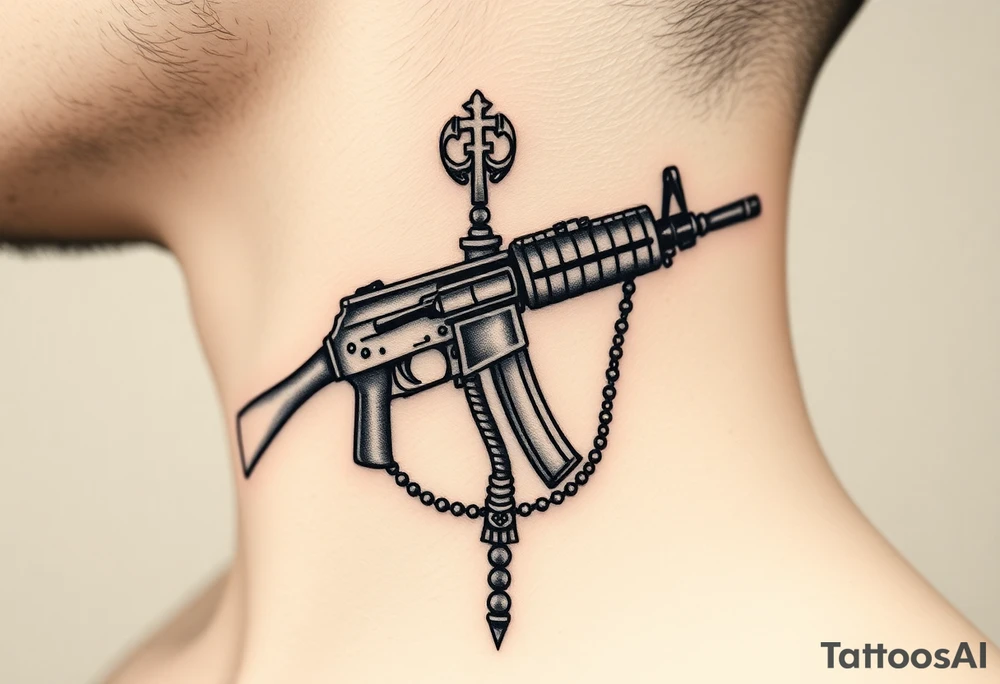 russian christian orthodox but in a AK47 style with a beaded orthodox thurible chain tattoo idea