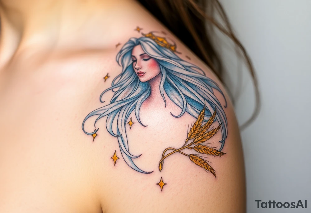 A celestial Virgo goddess with long flowing silver hair, wearing a crown of golden wheat, floating among glowing stars tattoo idea