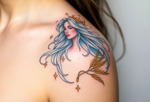A celestial Virgo goddess with long flowing silver hair, wearing a crown of golden wheat, floating among glowing stars tattoo idea