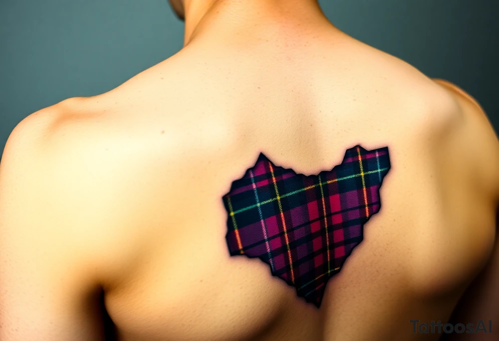 Purple tartan fabric on left shoulder with skin peeling back to reveal tartan underneath tattoo idea