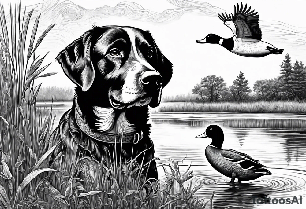 bird dog retrieving duck from marsh tattoo idea