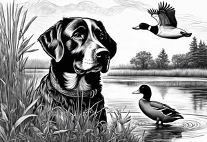 bird dog retrieving duck from marsh tattoo idea
