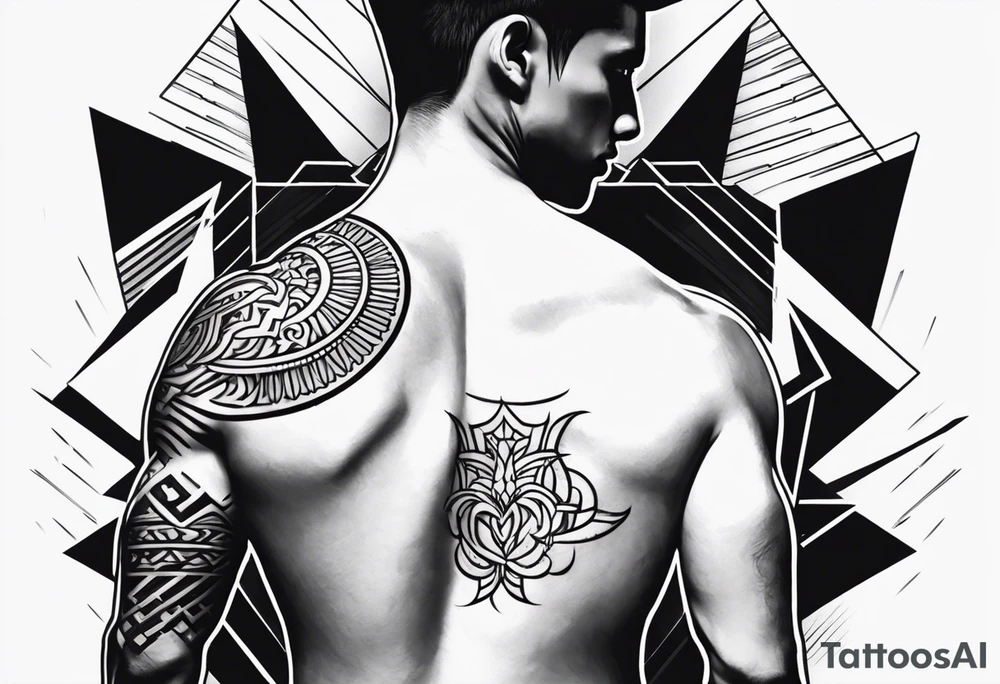 A simple tattoo that is placed on the upper back of a male. It should represent muay thai tattoo idea