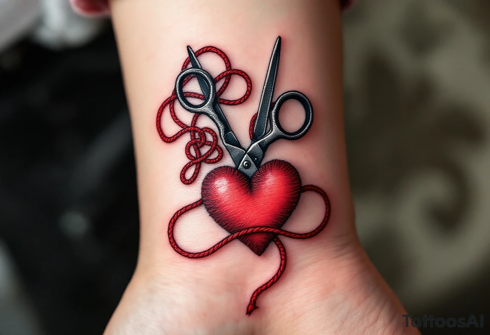 Scissors and Thread Tattoo – A pair of scissors cutting through red thread, with the thread flowing and forming into a heart, symbolizing love and the connection between people. The red stands out against dark gray scissors. tattoo idea