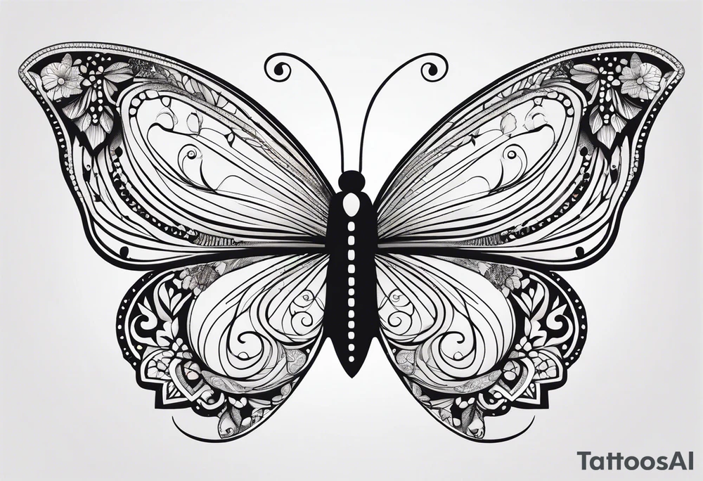 Minimalist butterfly with gently curved wings, adorned with delicate lace-like patterns and subtle floral accents, emphasizing simplicity and elegance. tattoo idea