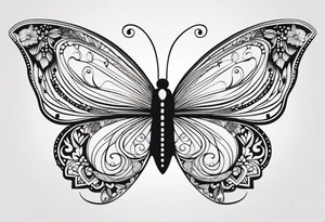 Minimalist butterfly with gently curved wings, adorned with delicate lace-like patterns and subtle floral accents, emphasizing simplicity and elegance. tattoo idea