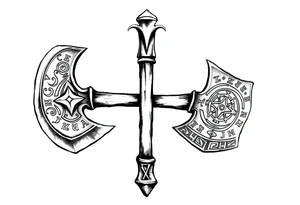Viking axe on both shoulders with detailed rune engravings tattoo idea