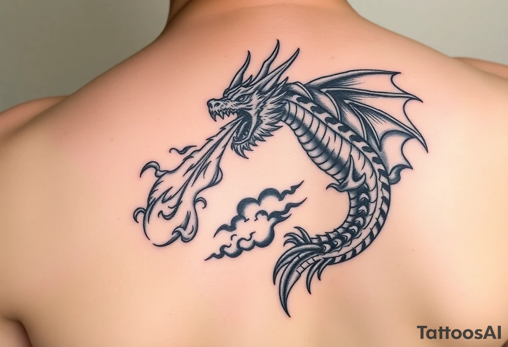 fierce dragon breathing iridescent fire against stormy skies tattoo idea