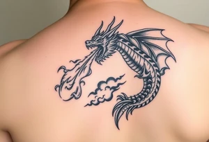 fierce dragon breathing iridescent fire against stormy skies tattoo idea